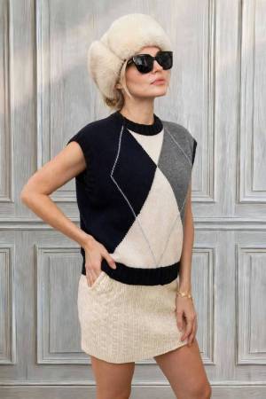 gilet donna in maglia a rombi blu navy, grigio e panna
